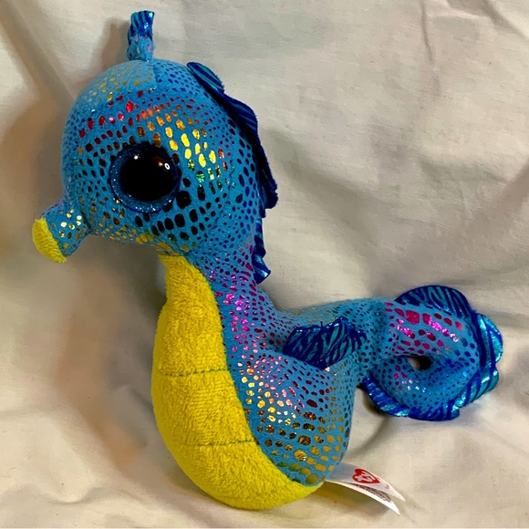 TY Beanie Babies Boos Neptune Rainbow Seahorse Blue Foil 6" Plush Stuffed Toy - Picture 1 of 9
